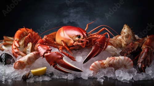 Fish, shrimp, shellfish, crab, octopus on ice, seafood concept. Generative Ai.