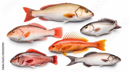 Seafood fish collage isolated on white background. Generative Ai