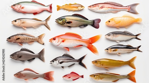 Seafood fish collage isolated on white background. Generative Ai © tong2530