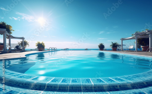 home palm blue summer swimming relaxation pool water luxury large. Generative AI. © SHOTPRIME STUDIO