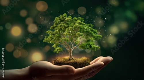 Symbolic green tree in human hands on blurred background. Respect for nature, sustainable energy, care for the environment, ecological development. Earth Day concept. 3D rendering.