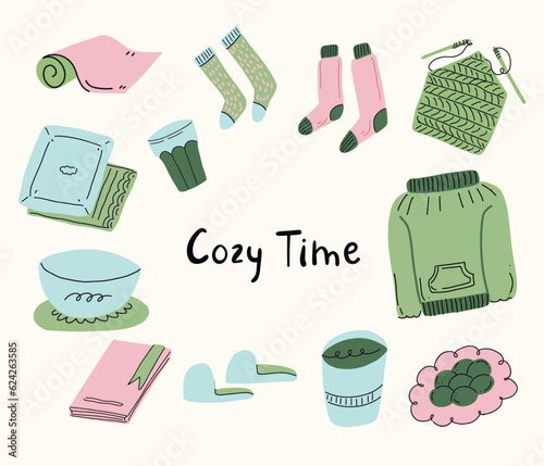 Hand drawn cozy hygge lifestyle clipart collection
