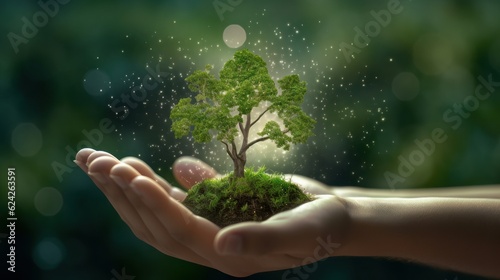 Symbolic green tree in a human hand on blurred background. Respect for nature, sustainable energy, care for the environment, ecological development. Earth Day concept. 3D rendering.