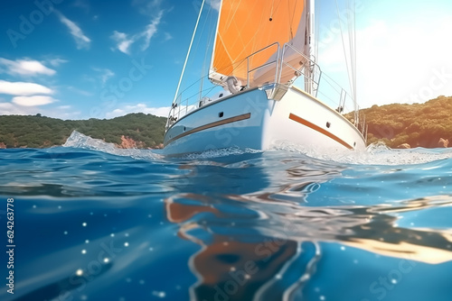 Orange and white  yacht in the blue tropical sea. Generative AI © Brijesh