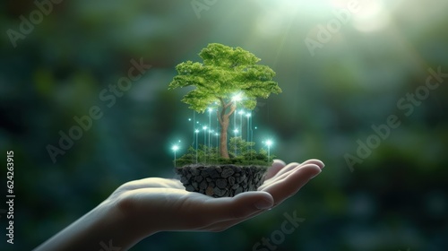 Symbolic green tree in a human hand on blurred background. Respect for nature, sustainable energy, care for the environment, ecological development. Earth Day concept. 3D rendering.