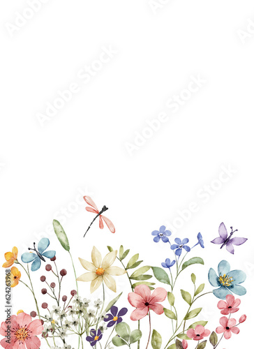 Floral background for greeting card, invitation and other printing design. Watercolor flowers isolated on white. Hand drawing.