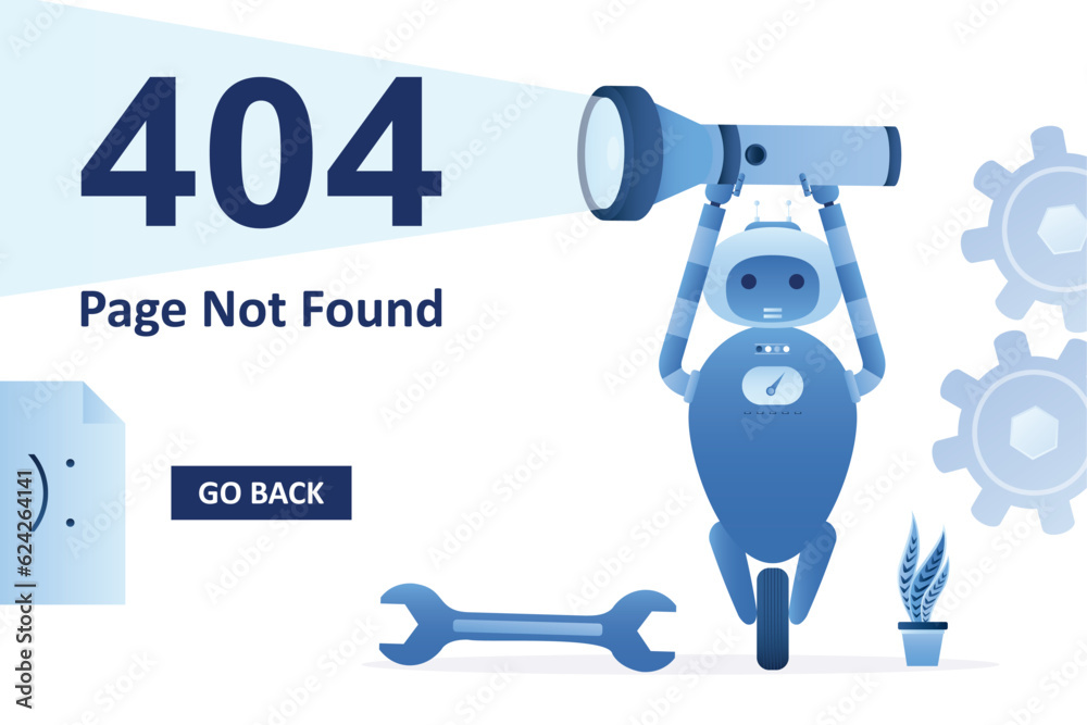404 error, page not found landing page template. Robot holding wrench. No connection, chatbot talking about error. Website under construction. Repairing broken mechanism. 404 error, page not found landing page template. Robot holding wrench. No connection, chatbot talking about error. Website under construction. Repairing broken mechanism.