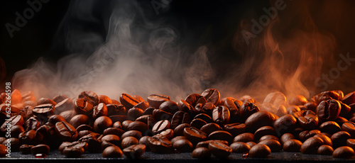 Roasted coffee beans with smoke background Generative AI