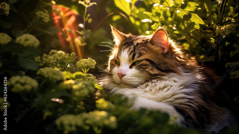 A contented feline basks in the tranquility of a green plant sanctuary