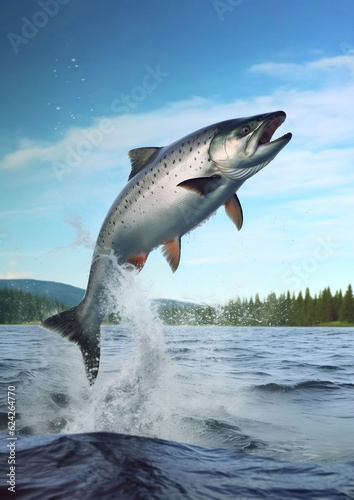 Wild salmon fish jumping out of water