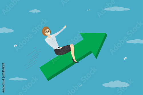 Smart businesswoman takes off quickly on light bulb. Business vision, search for new ideas for business development. Brainstorming, confident entrepreneur launch new business project.