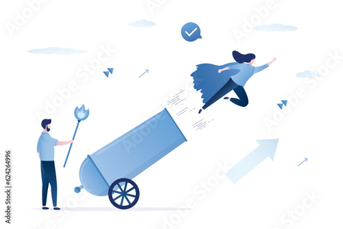 Confident business people use cannon for overcoming obstacles. Risk management. Businesswoman looking like super hero quickly fast flies to success and profit. Boost skills improvement
