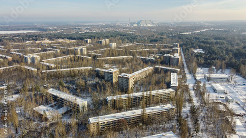 Aerial view of abandoned city Pripyat in Chernobyl exclusion zone. photo