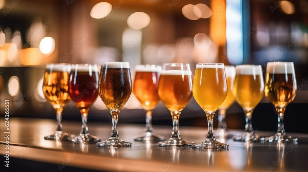 A lot of glasses of chilled different sort of beer on table and blurred bar background. A lot of glasses of chilled different sort of beer on table and blurred bar background.