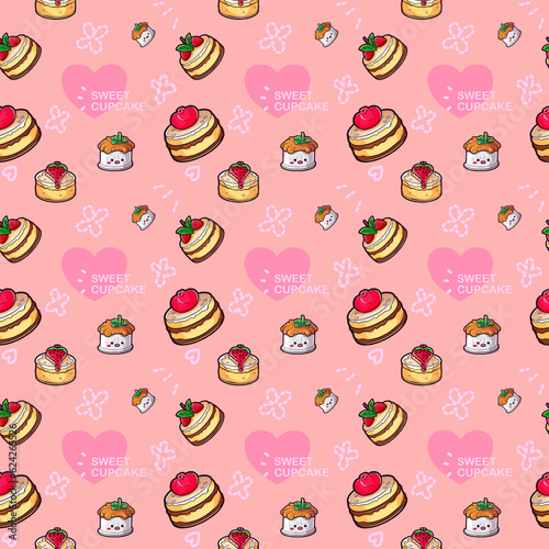 Seamless pattern with cute cakes on pink background.