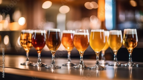 A lot of glasses of chilled different sort of beer on table and blurred bar background.