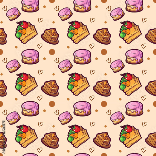 Seamless pattern with sweet cakes. Hand drawn illustration.