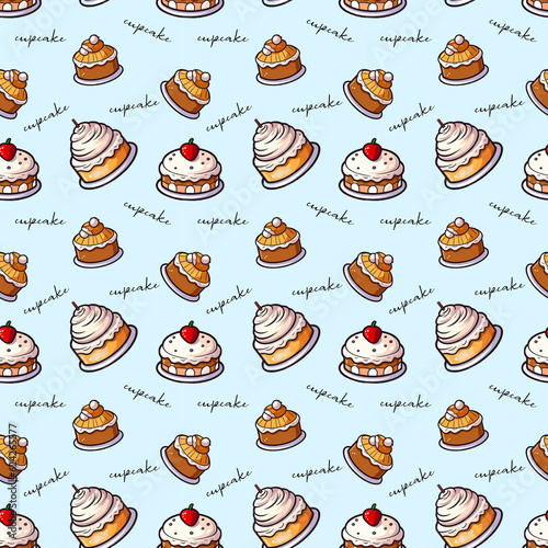Seamless pattern with sweet cakes. Hand drawn illustration.