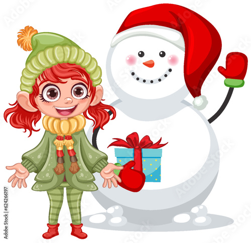 Happy girl with snowman