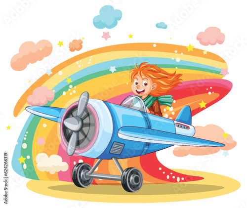 Girl pilot flying airplane with rainbow on the background