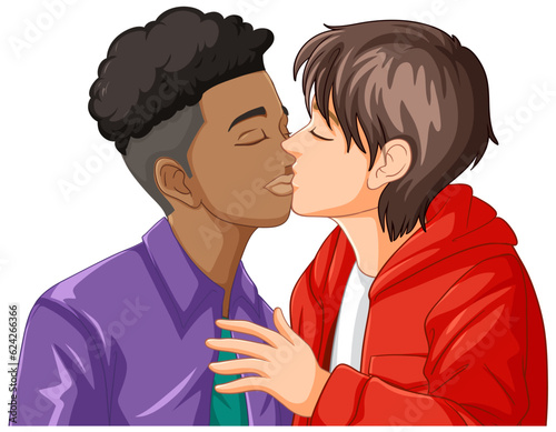Interracial gay couple kissing cartoon