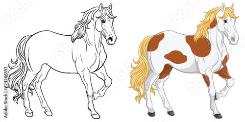 Set of horse and its doodle outline