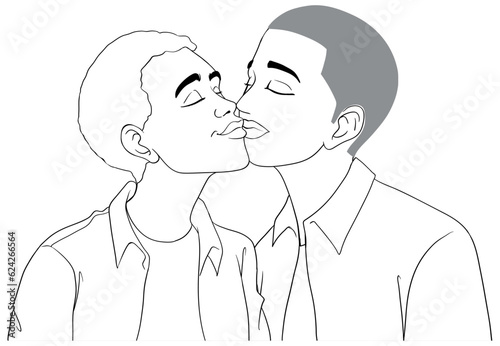Gay couple cartoon kissing outline doodle