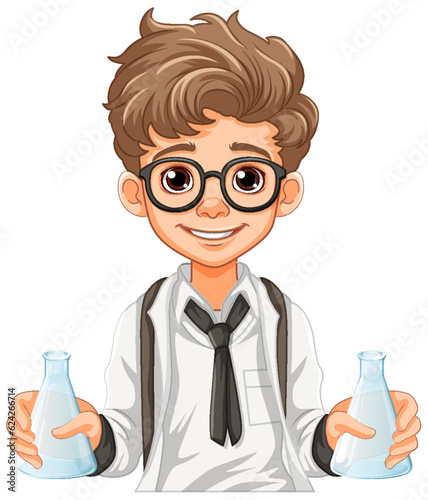 Male student cartoon holding conical flask on science class experiment