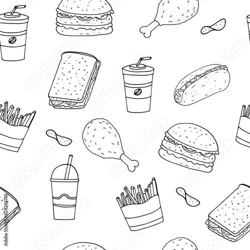 fast food seamless pattern hand drawn in doodle style.