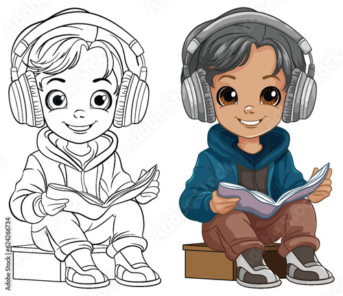 Boy reading a book and wearing headset