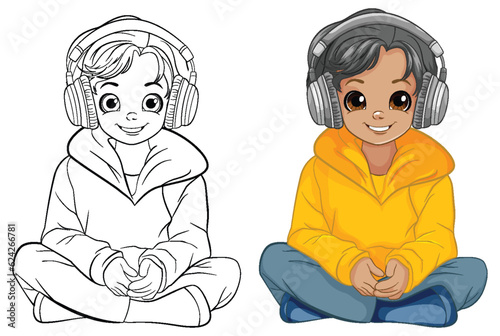 Boy sitting on the floor listening to music with headset and doodle outline
