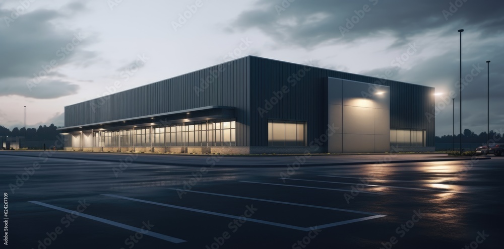Realistic render of logistic business transport warehouse dock station. Factory and transport house. Commercial office building.