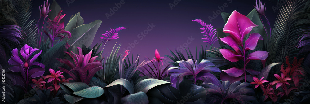 Obraz premium Tropical plants banner on purple background. Jungle tropic plant leaf and flower variety, violet and green colors.