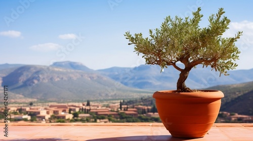 Olive tree in terra cotta clay pot on white terrace under clear blue sky with beautiful mountains view generative ai