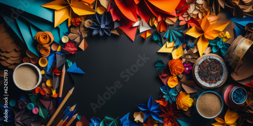 Decorative Background With Paper Flowers Of Different Colors And Pencils Created With The Help Of Artificial Intelligence