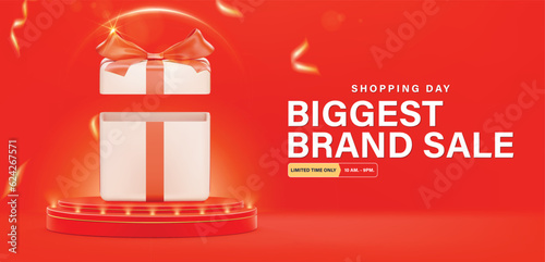 Sale banner with gift box and elements are available for use on online shopping websites or in social media advertising.