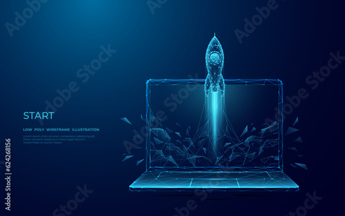 Abstract Rocket Takes off From the Laptop Screen. Spaceship Launch with Smoke. Start Up and Boosting Concept. Low Poly Wireframe Vector Illustration on Technological Blue Background. 3D Effect.