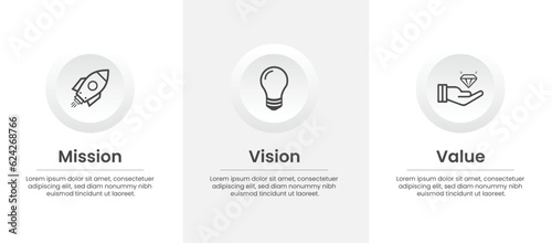 Mission, Vision and core values template with eye catchy icons, business starting decision steps, vector illustration eps 10
