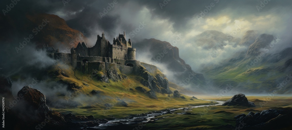 Mysterious medieval castle on a rocky mountain cliff shrouded in dense dark cold morning fog with sunlight barely piercing the cloud cover - generative AI - obrazy, fototapety, plakaty 
