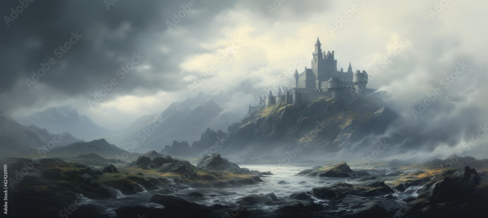 Mysterious medieval castle on a rocky mountain cliff shrouded in dense dark cold morning fog with sunlight barely piercing the cloud cover - generative AI