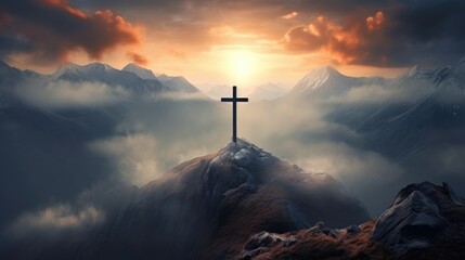 Holy cross symbolizing the death and resurrection of Jesus Christ with the sky over Golgotha Hill is shrouded in light and clouds. Apocalypse concept.