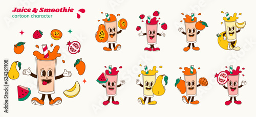 Set of comic cartoon characters of papaya  strawberry  tangerine  orange  melon  watermelon  pear  mango  pomegranate smoothie or juice. Isolated vector illustration of mascots cocktail in retro style