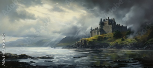 Mysterious medieval castle on a rocky mountain cliff shrouded in dense dark cold morning fog with sunlight barely piercing the cloud cover - generative AI © SoulMyst