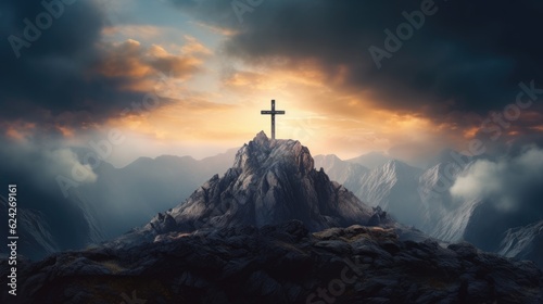 Fotografie, Obraz Holy cross symbolizing the death and resurrection of Jesus Christ with the sky over Golgotha Hill is shrouded in light and clouds