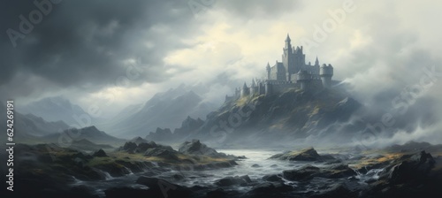 Mysterious medieval castle on a rocky mountain cliff shrouded in dense dark cold morning fog with sunlight barely piercing the cloud cover - generative AI