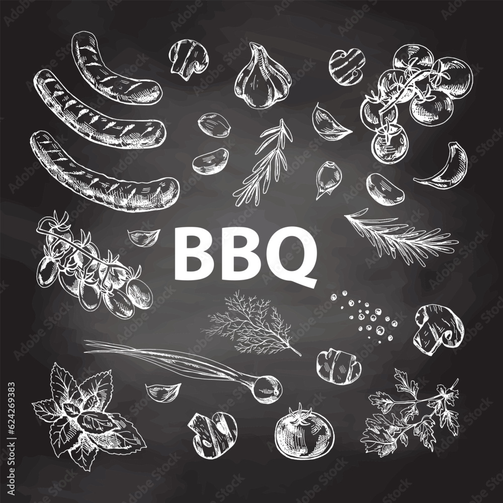 A set of hand-drawn sketches of barbecue elements on chalkboard background. For the design of the menu of restaurants and cafes, grilled food.