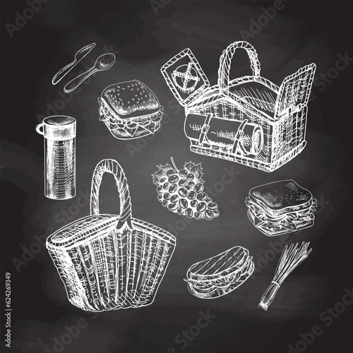 A set of hand-drawn sketches of picnic elements on chalkboard background. For the design of the menu of restaurants and cafes, picnic food.