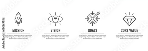 Mission, Vision and core values template with eye catchy icons, business starting decision steps, vector illustration eps 10
