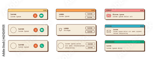 Vector set of retro vaporwave desktop popup banners. Social media notification. Pop up box template for video call, reminder, email. 80s 90s old computer UI elements. Nostalgic retro operating system.