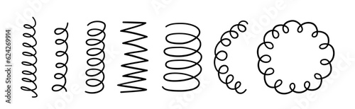 Hand drawn spiral springs set. Doodle flexible coils, wire spring symbols. Metal coil spiral icons. Vector illustration isolated on white background.